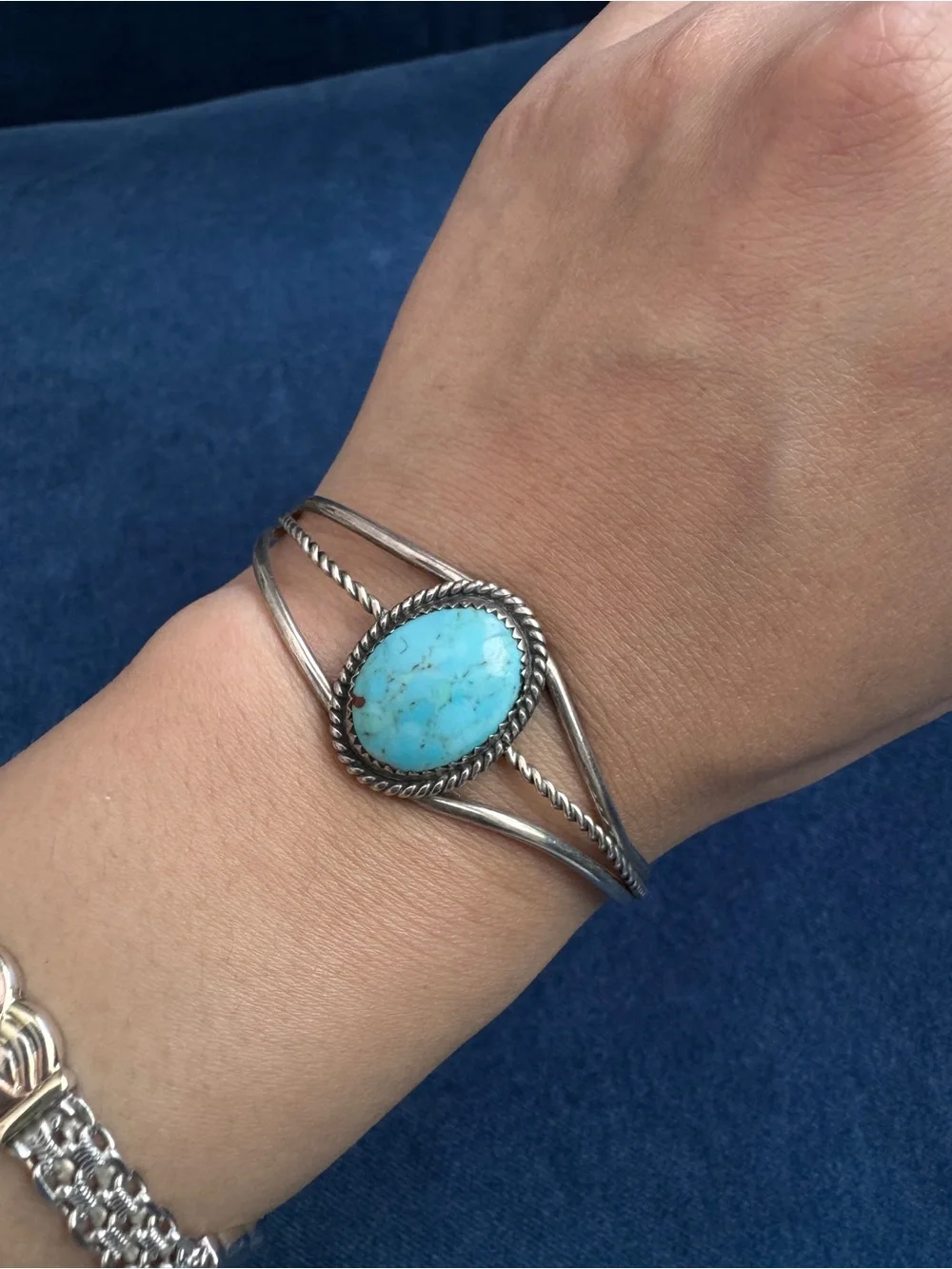 Native American SterlingSilver Turquoise Sign Cuff bracelet